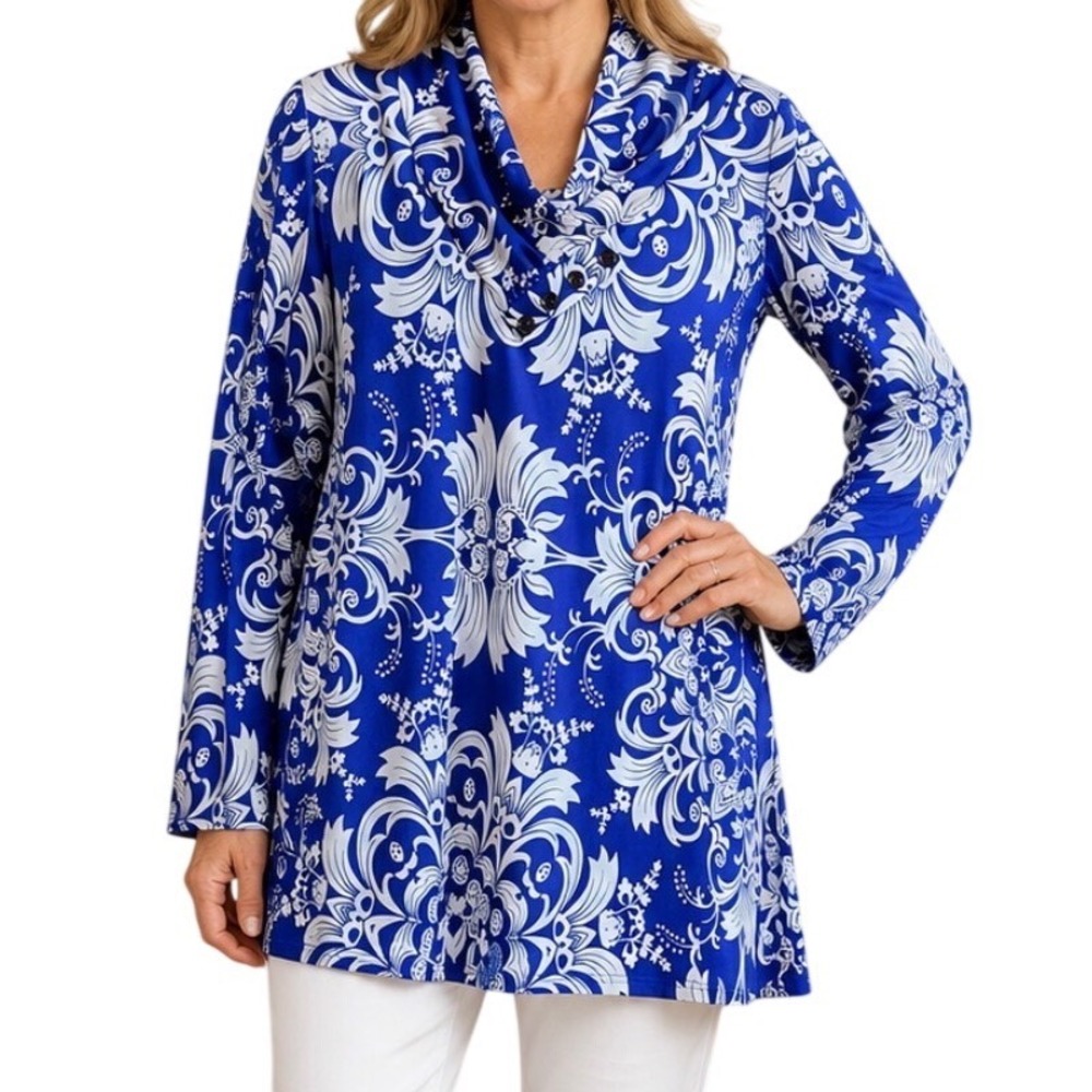 Lily by Firmiana Tunic Top Womens XL Blue‎ White Damask Cowl Neck Long Sleeve